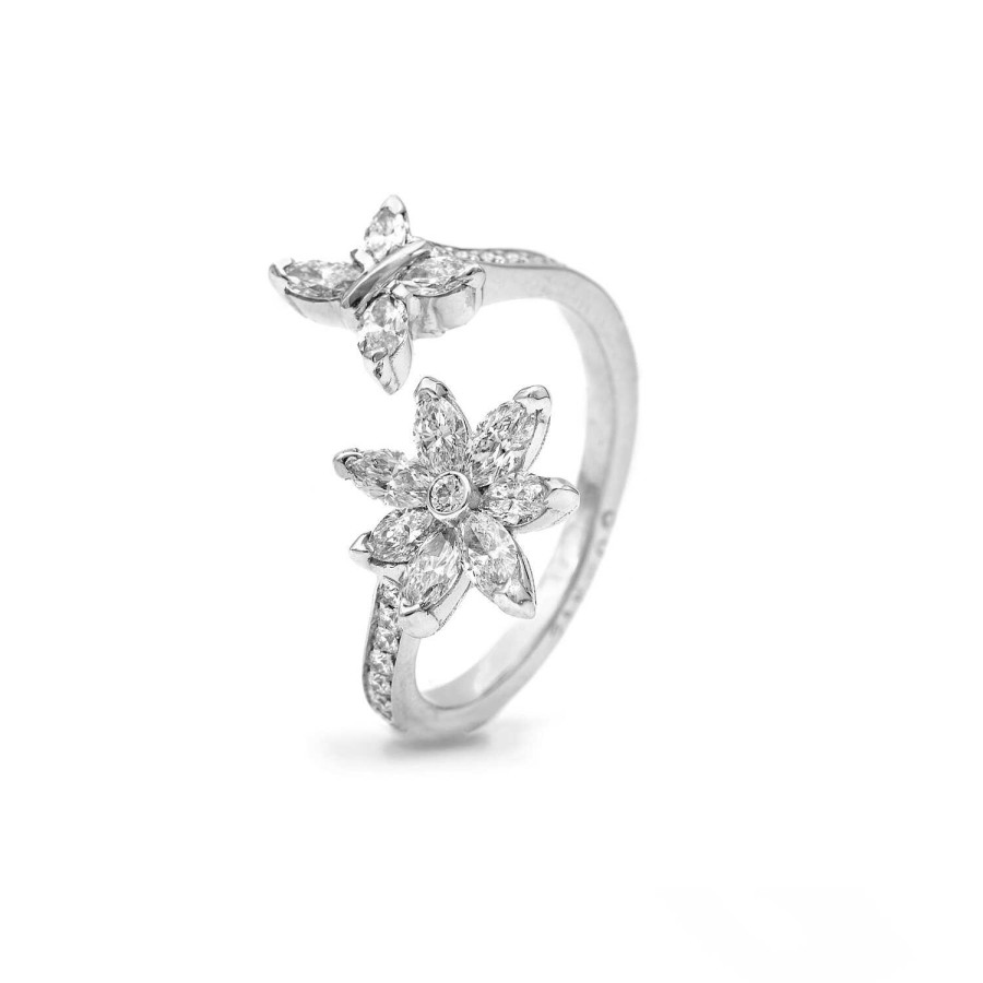 Bague An Mones & Papillons Navette En Or Blanc | Dubail New