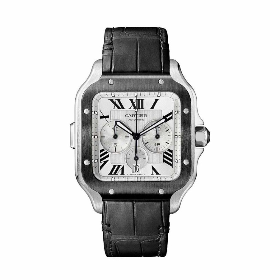 Montre Santos De Cartier Chronographe Mod Le Extra-Large, Mouvement Automatique, Acier, Adlc, Bracelets Caoutchouc Et Cuir Interchangeables | Cartier Best