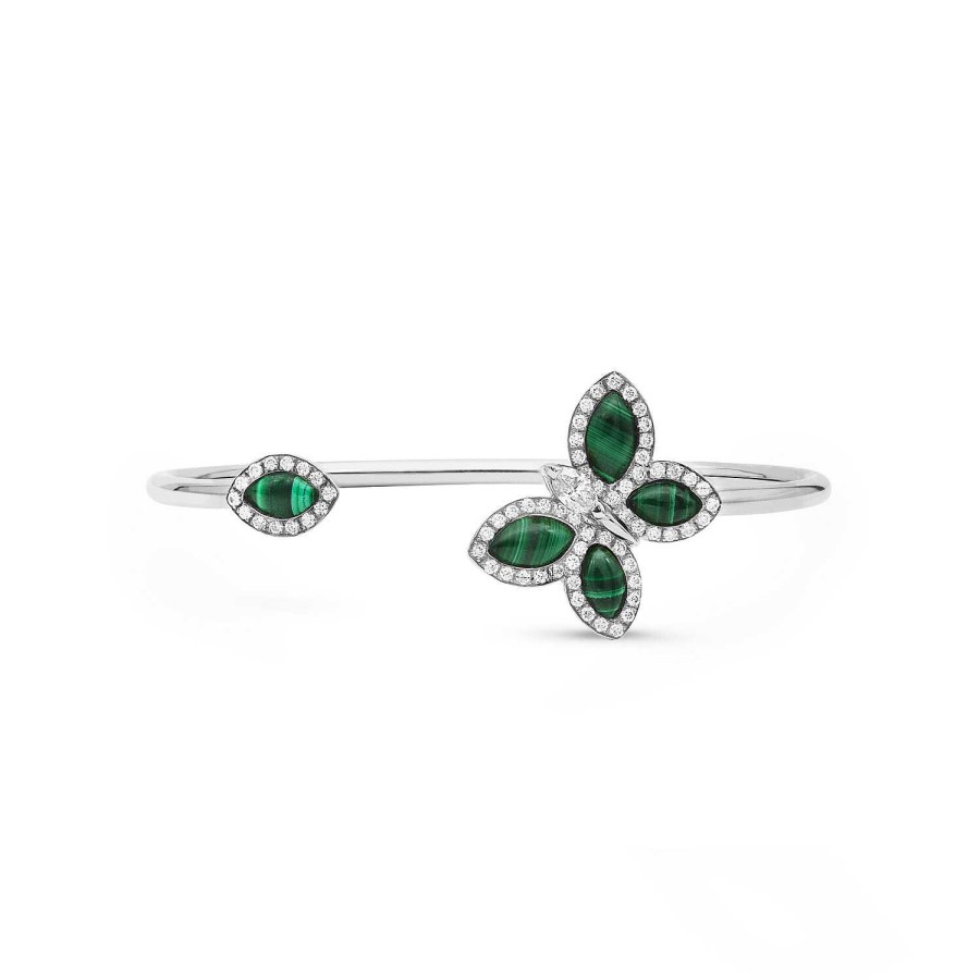 Bracelet Papillons Floraux Malachite En Or Blanc | Dubail New