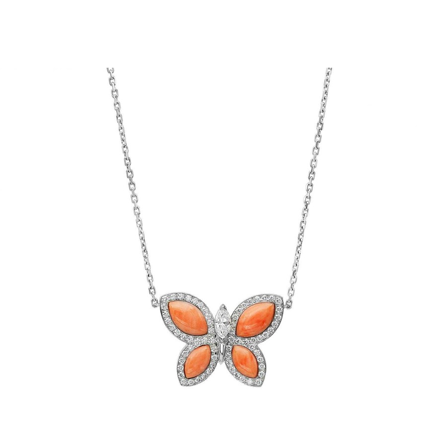 Pendentif Papillons Floraux Corail En Or Blanc | Dubail Best