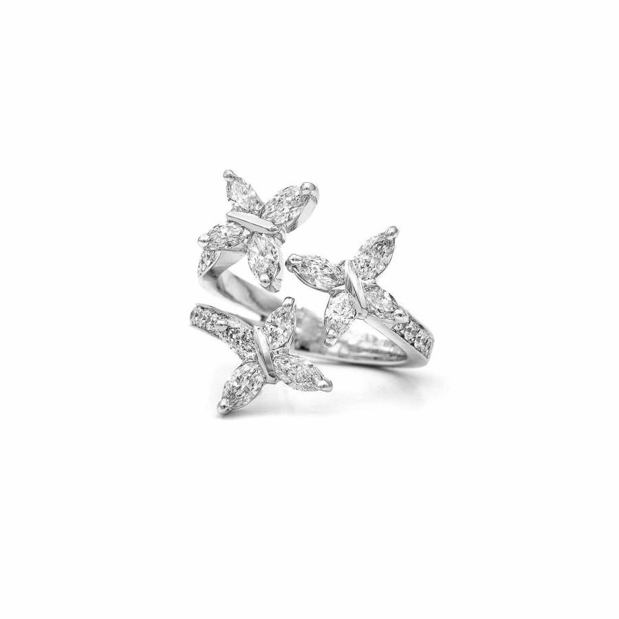 Bague Trois Papillons Navette En Or Blanc | Dubail Online