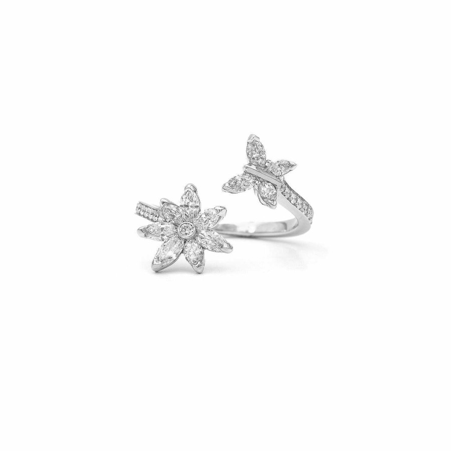 Bague An Mones & Papillons Navette En Or Blanc | Dubail New