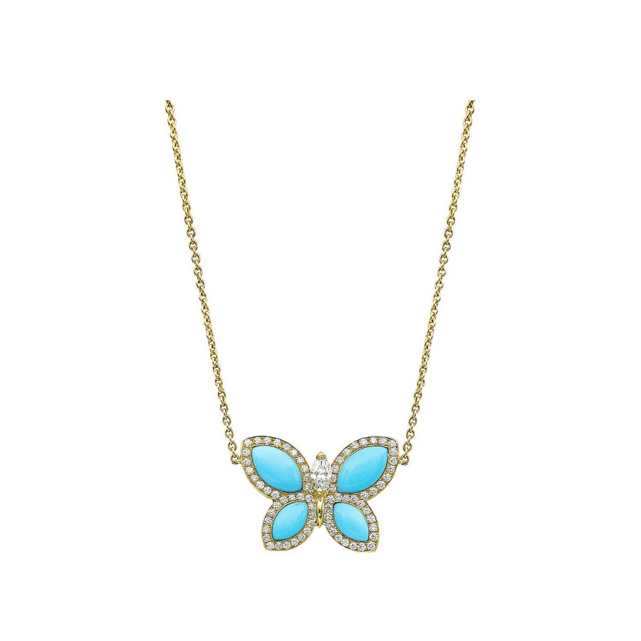 Pendentif Papillons Floraux Turquoise En Or Jaune | Dubail Best