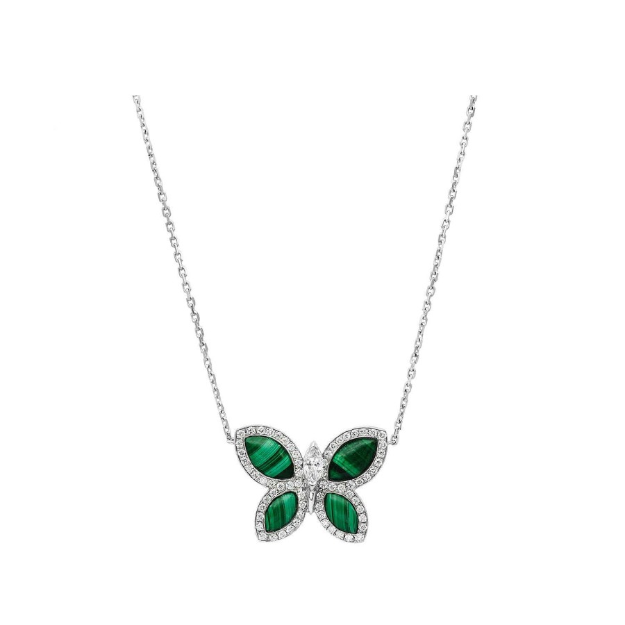 Pendentif Papillons Floraux Malachite En Or Blanc | Dubail Hot