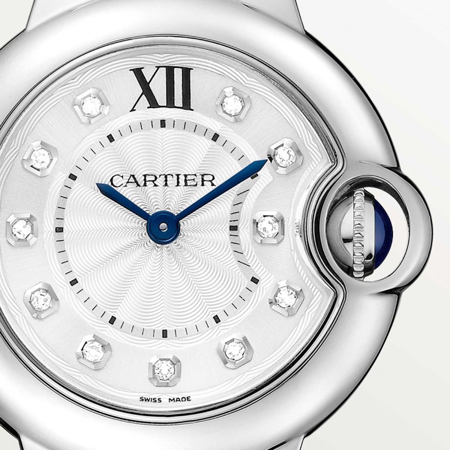 Montre Ballon Bleu De Cartier 28Mm, Mouvement Quartz, Acier, Diamants | Cartier New