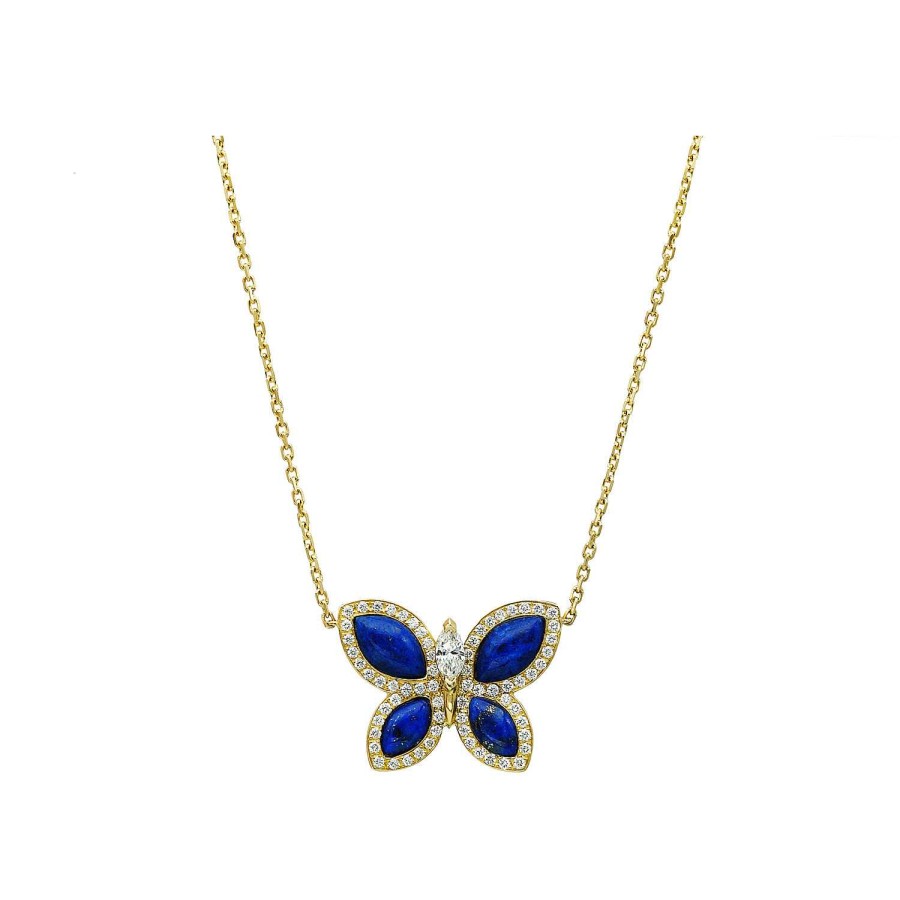 Pendentif Papillons Floraux Lapis Lazuli En Or Jaune | Dubail Online