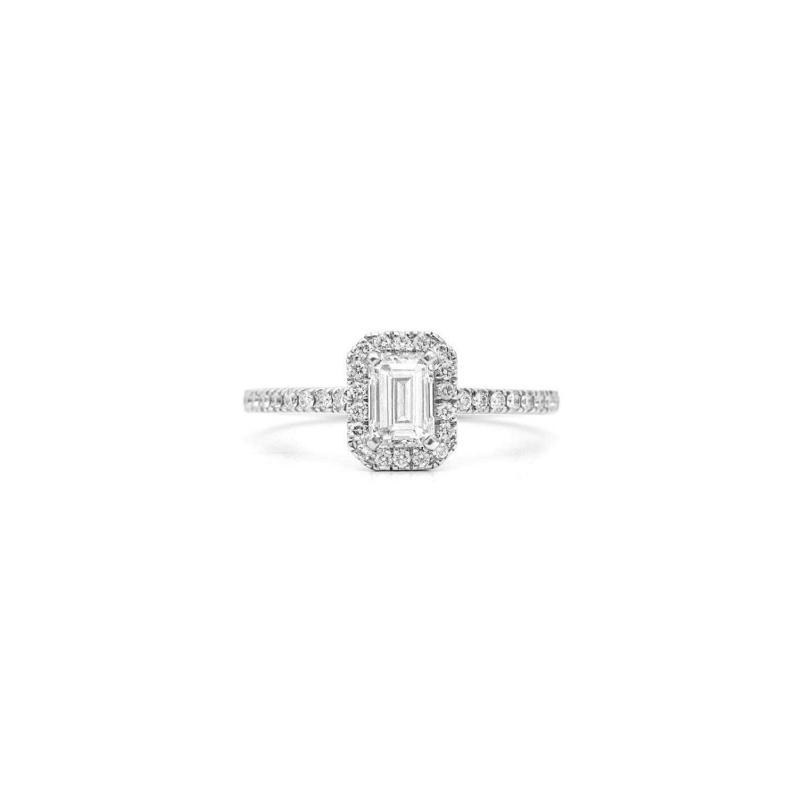 Bague Micropav E Diamant Taille Meraude Certifi Entourage Diamants En Or Blanc | Dubail Online