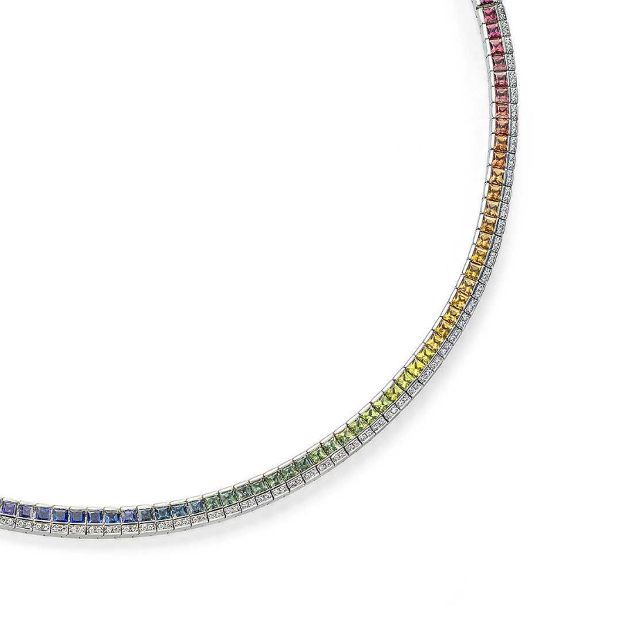 Collier Rainbow Or Blanc, Saphirs Chauff S Multicolores 2.5 Mm Taille Princesse, 1 Rang De Diamants | Dubail Online