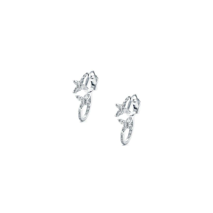 Boucles D'Oreilles Dormeuses Double Papillons Diamants Taille Navette En Or Blanc | Dubail Clearance