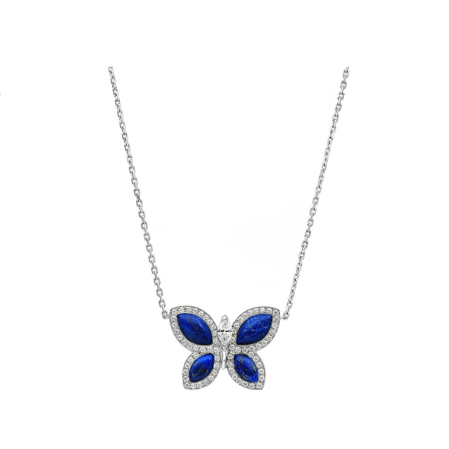 Pendentif Papillons Floraux Lapis Lazuli En Or Blanc | Dubail Wholesale