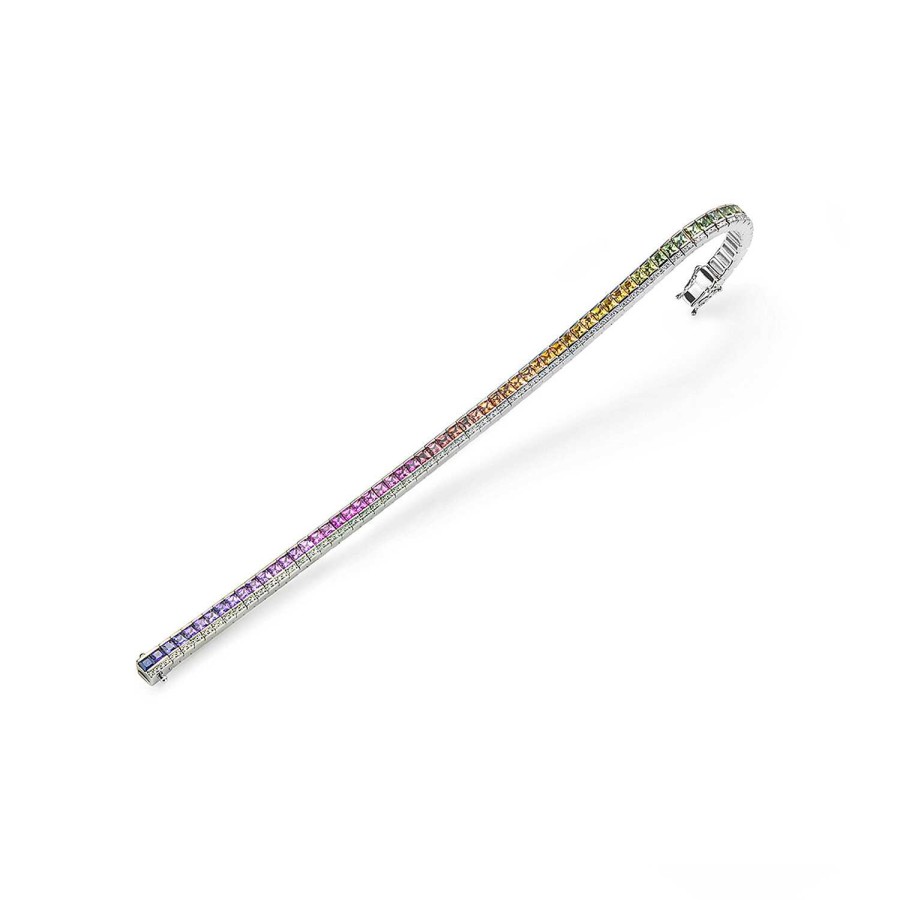 Bracelet Rainbow Or Blanc, Saphirs Chauff S Multicolores 2.5 Mm Taille Princesse, 1 Rang De Diamants | Dubail Clearance