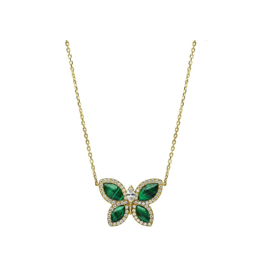 Pendentif Papillons Floraux Malachite En Or Jaune | Dubail Best