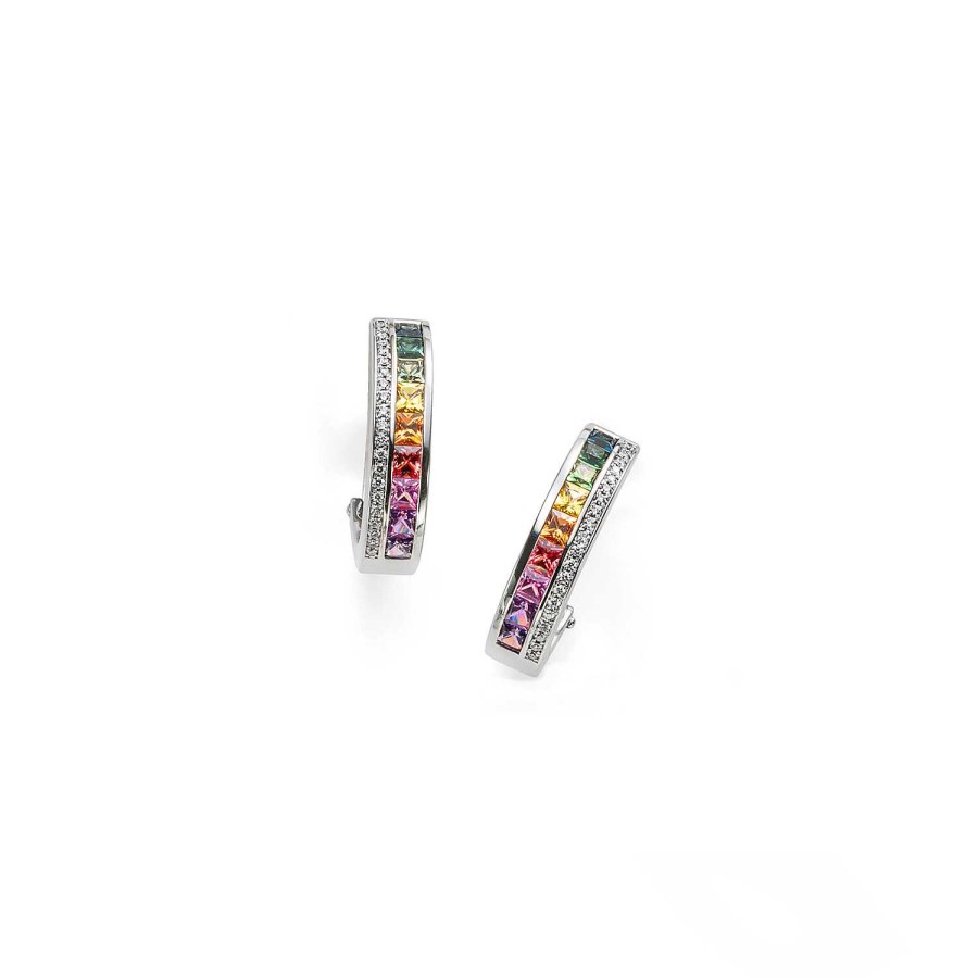 Boucles D'Oreille Rainbow Or Blanc, Saphirs Chauff S Multicolores 2.5 Mm Taille Princesse, 1 Rang De Diamants | Dubail Best