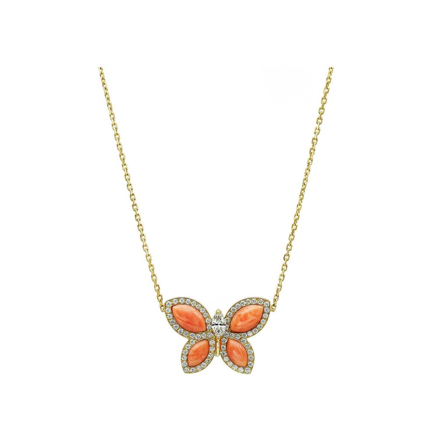 Pendentif Papillons Floraux Corail En Or Jaune | Dubail Online